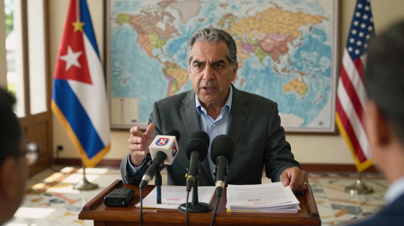 Homem a discursar em conferência de imprensa com bandeiras de Cuba e EUA ao fundo e mapa-múndi na parede.