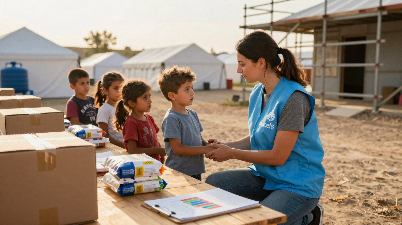 Voluntária da UNICEF a ajudar crianças à espera para receber ajuda humanitária em campo de refugiados.
