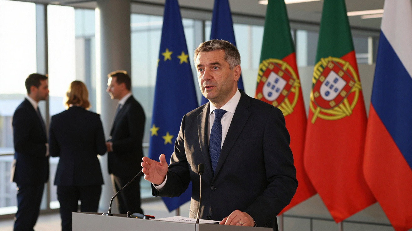 Homem em fato escuro fala num púlpito com bandeiras da União Europeia, Portugal e Rússia ao fundo.