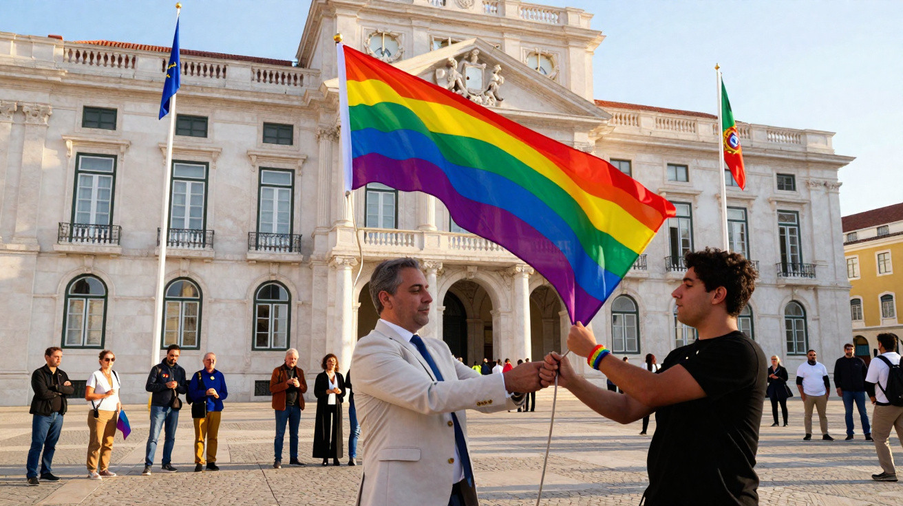 Duas pessoas seguram uma grande bandeira arco-íris numa praça diante de um edifício histórico com público ao fundo.