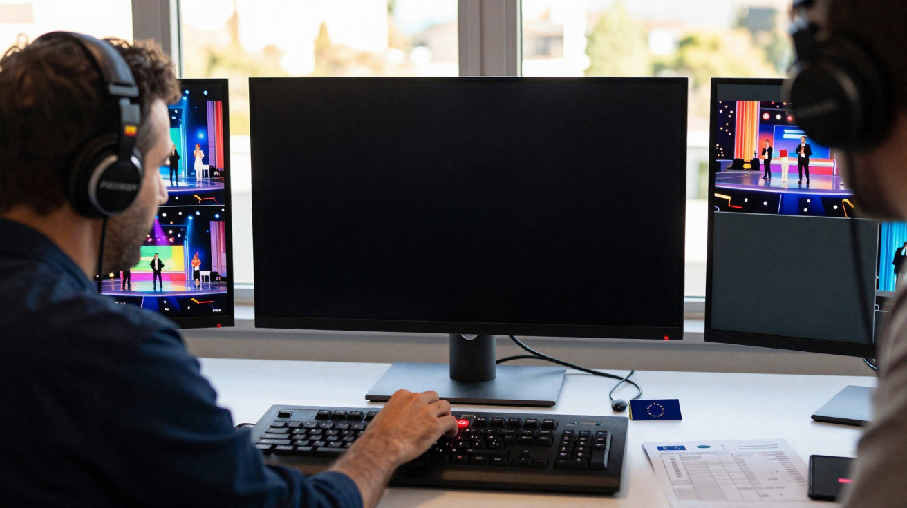 Homem com headset controla equipamento num escritório com três ecrãs, dois mostram programa de televisão.