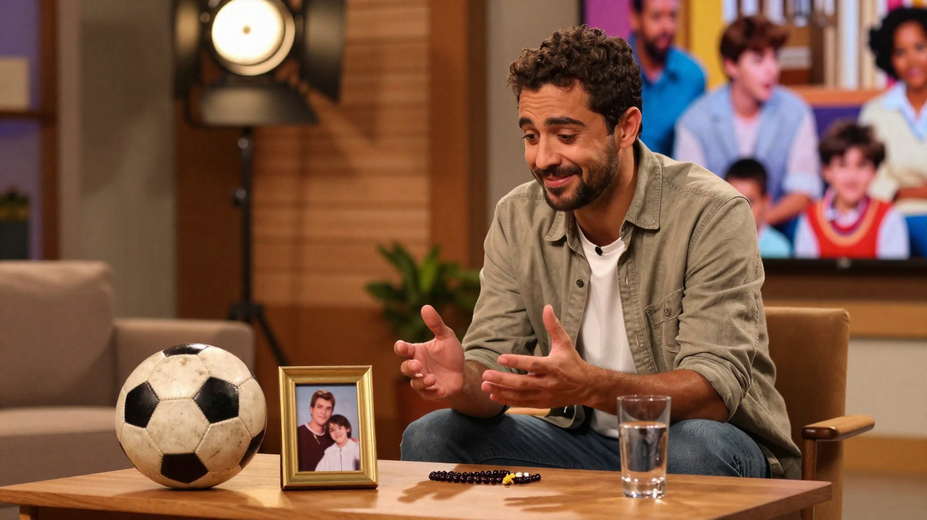 Homem sentado a conversar, com bola de futebol, foto em moldura e copo de água numa mesa à sua frente.