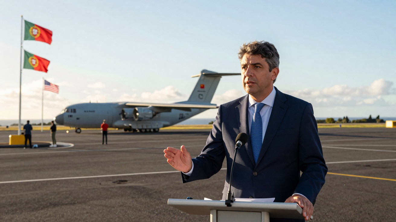 Homem de fato azul a discursar junto a um podium num aeroporto com avião militar e bandeiras de Portugal e EUA ao fundo.