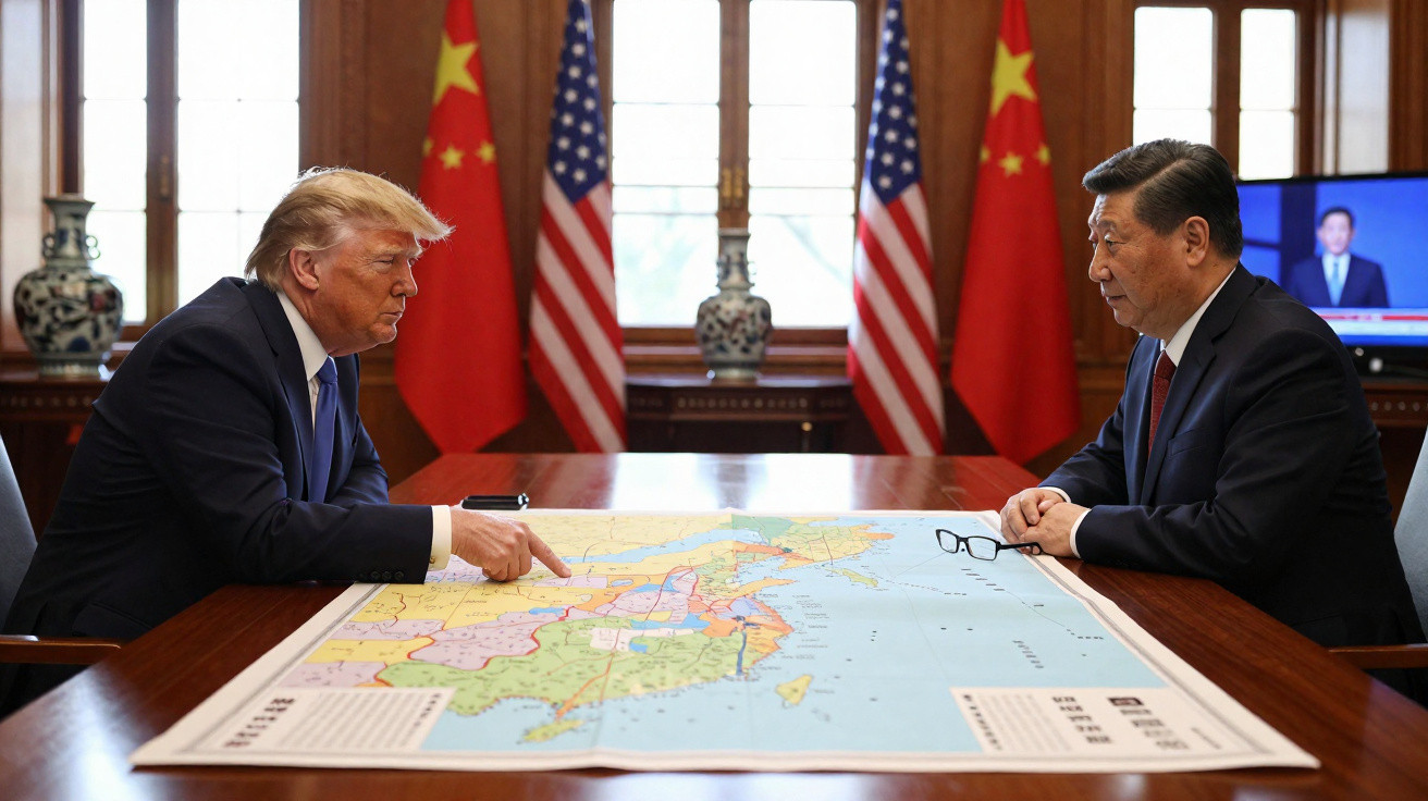 Dois homens sentados frente a frente numa mesa com um grande mapa, com bandeiras da China e dos EUA ao fundo.