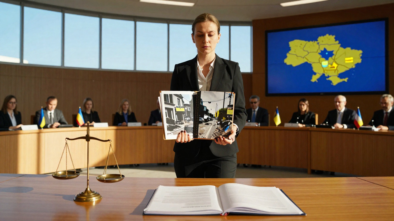 Mulher apresenta provas numa sala de tribunal com bandeiras da Ucrânia e Rússia e mapa no ecrã ao fundo.