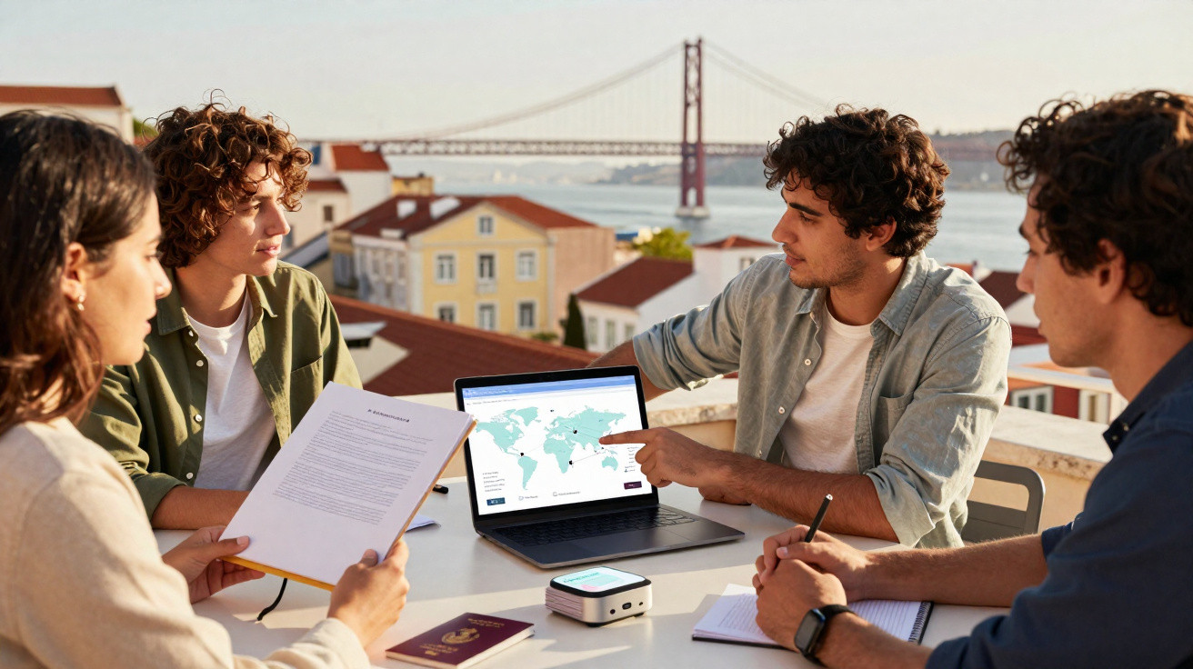 Quatro jovens reúnem-se ao ar livre com portátil mostrando mapa-múndi, próximos a ponte e edifícios.