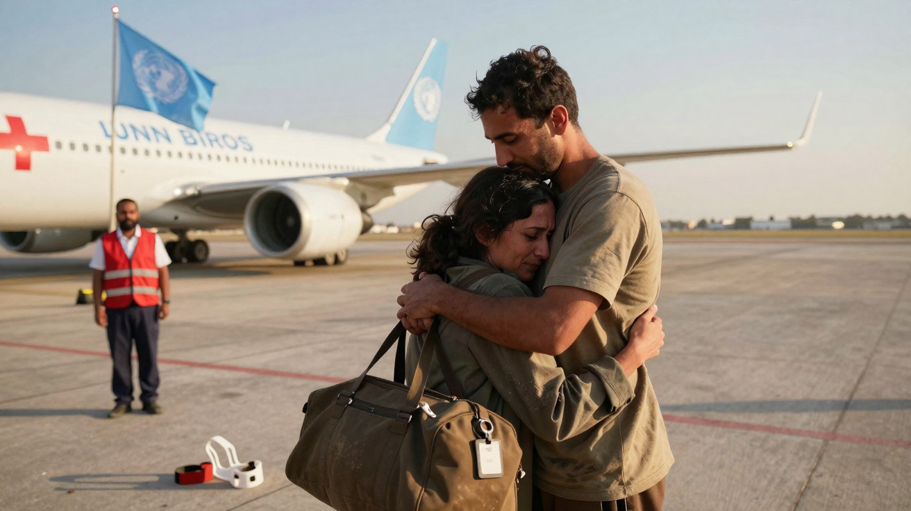 Duas pessoas abraçadas emocionadas na pista de um aeroporto, com avião da ONU ao fundo.