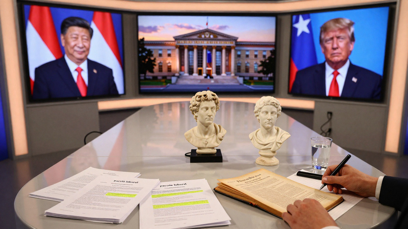Sala de reuniões com duas estátuas, documentos e imagens de líderes Xi Jinping e Donald Trump em ecrãs.