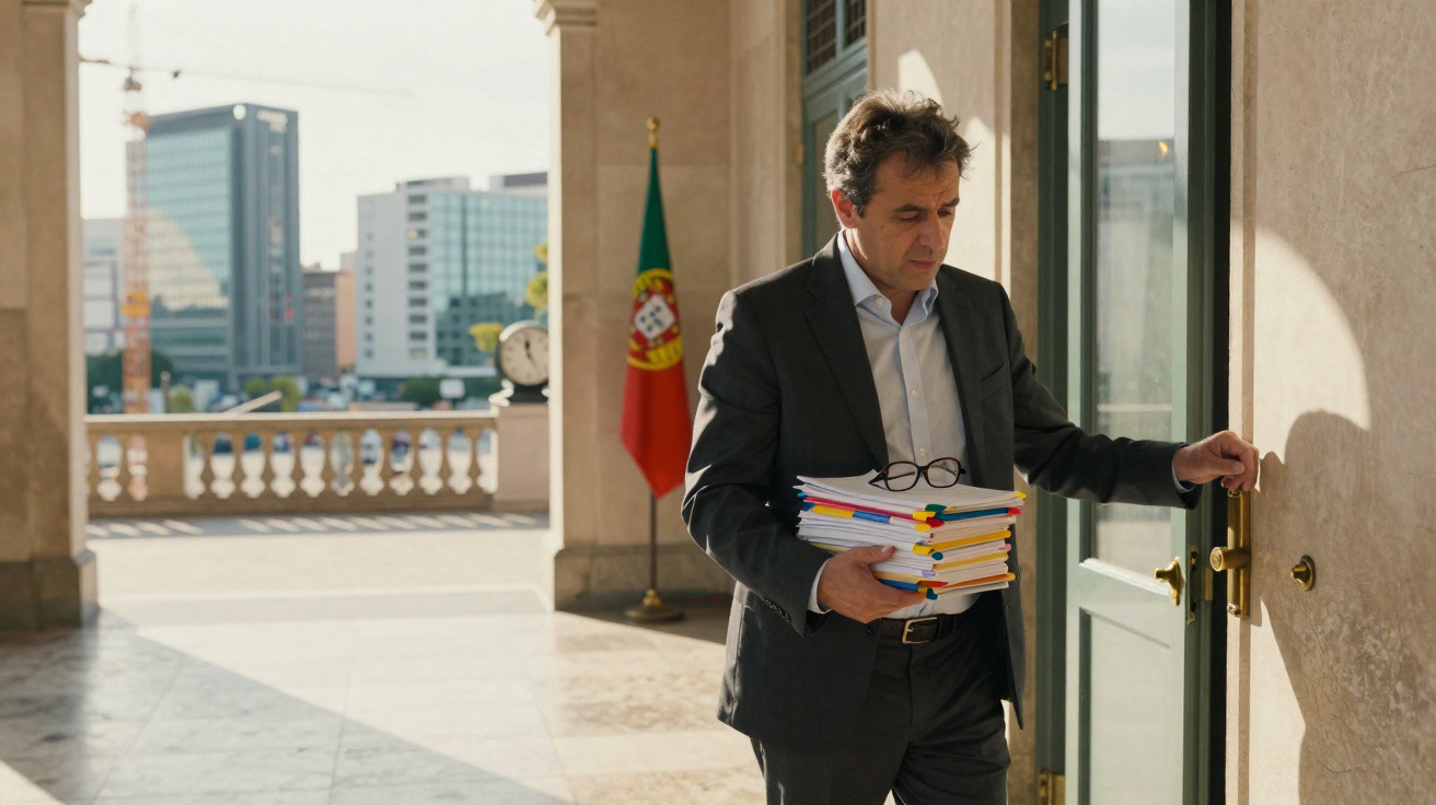 Homem de fato segurando pastas e abrindo porta num edifício oficial com bandeira de Portugal ao fundo.