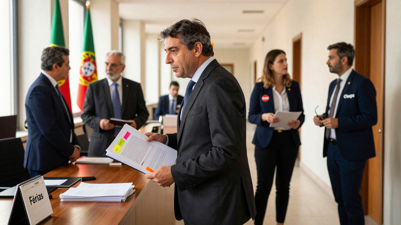 Homens e mulher em reunião formal em corredor com bandeiras de Portugal ao fundo e documentos nas mãos.
