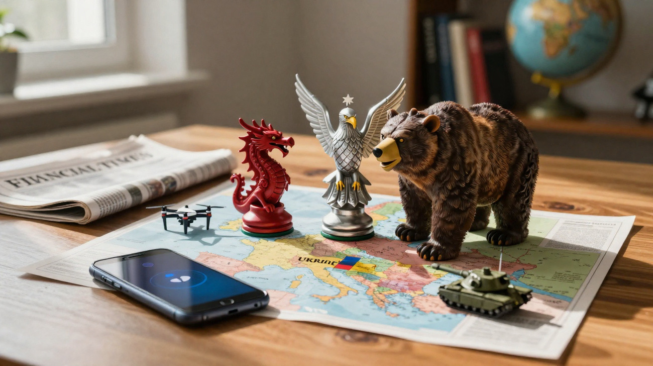 Mapa da Ucrânia com figuras de dragão vermelho, águia prateada, urso, drone, tanque e telemóvel em cima da mesa.