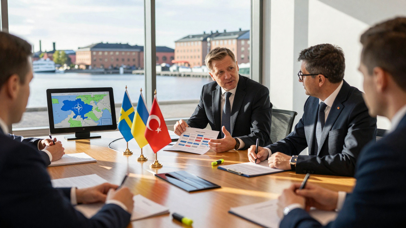 Homens de negócios reunidos numa sala com bandeiras da Suécia, Ucrânia e Turquia e mapa da NATO no computador.