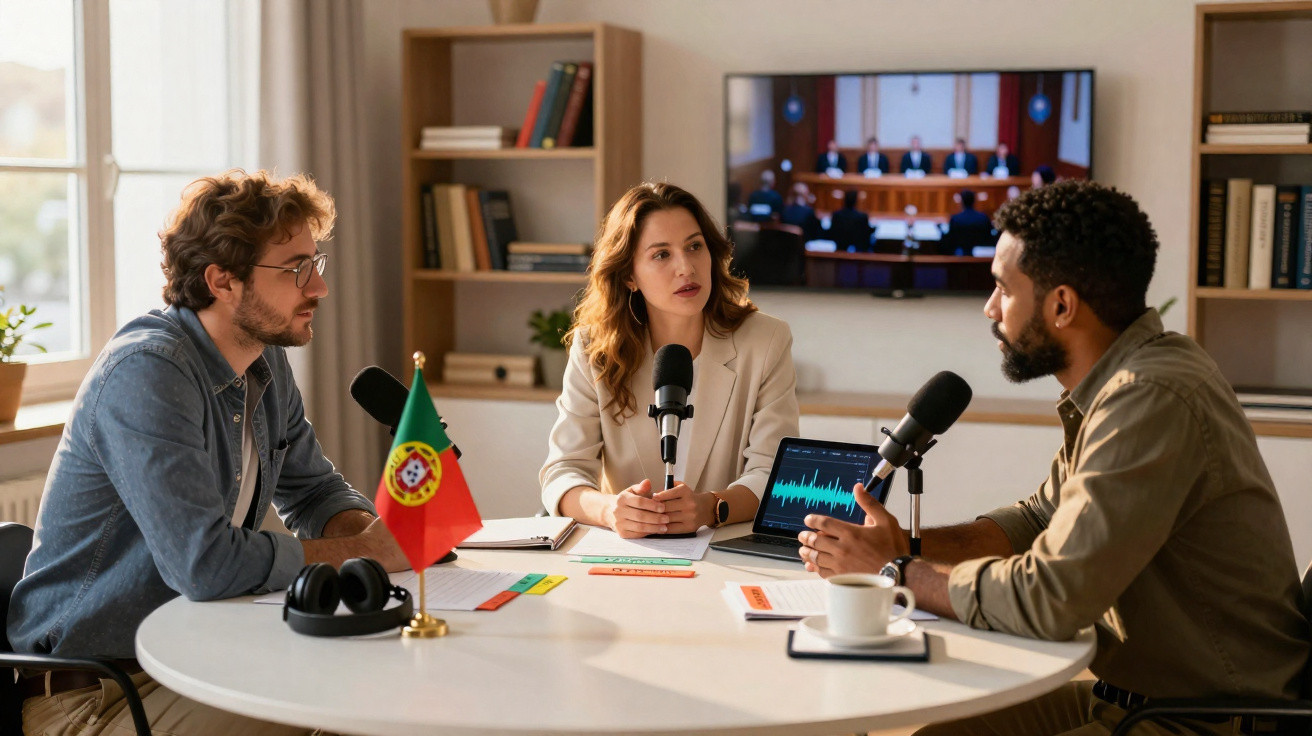 Três pessoas a gravar um podcast com microfones à volta de uma mesa com bandeira de Portugal e computador portátil aberto.