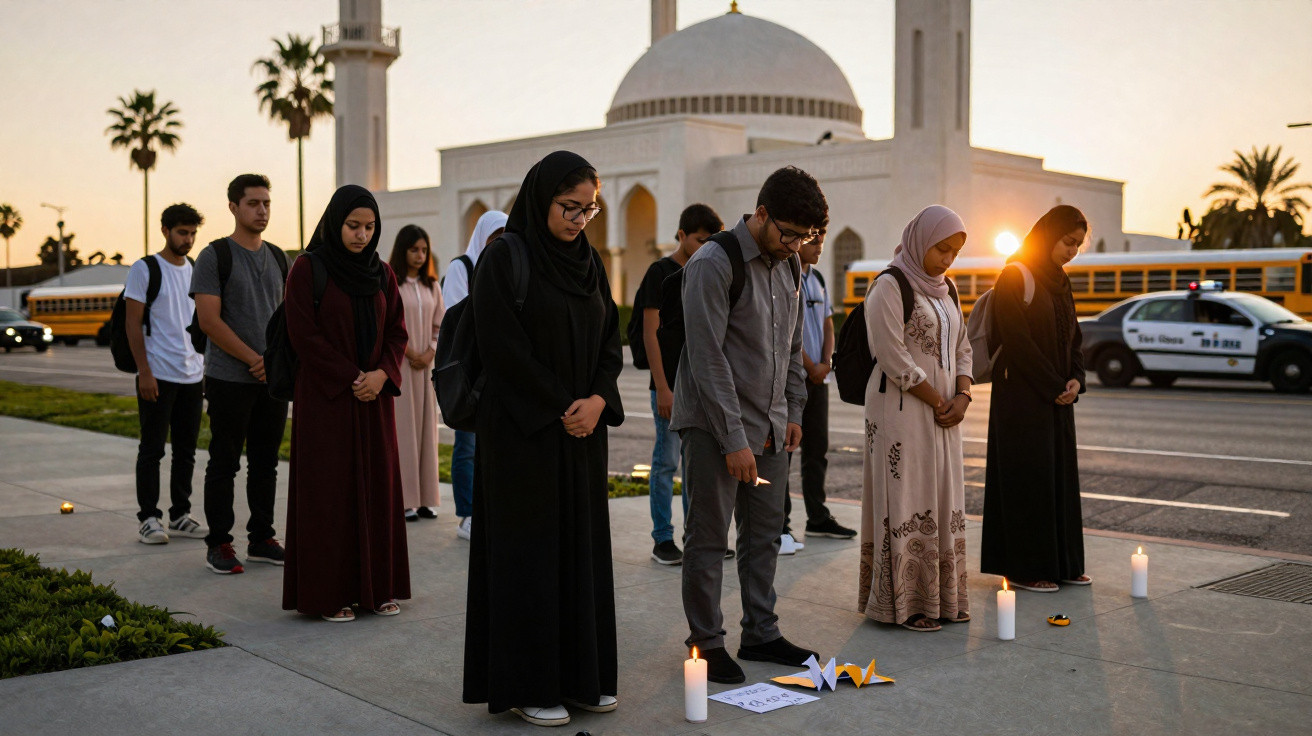 Grupo de jovens em vigília com velas junto a mesquita ao pôr do sol.