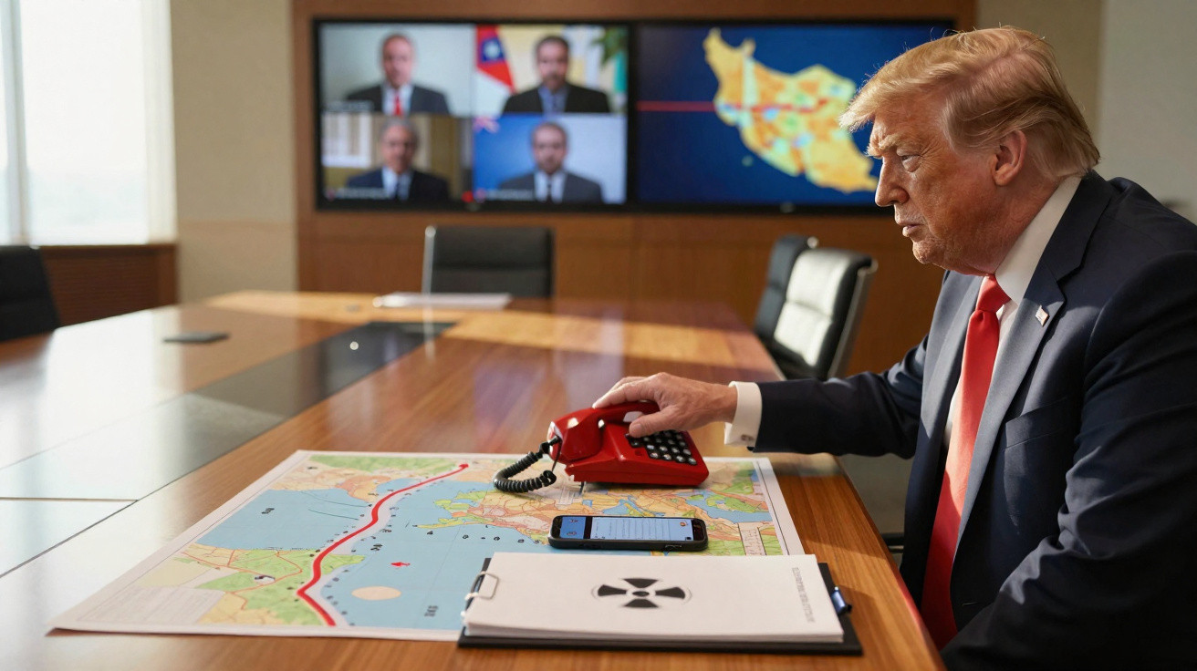 Donald Trump sentado numa sala de conferências, segurando um telefone vermelho sobre um mapa e documentos nucleares.