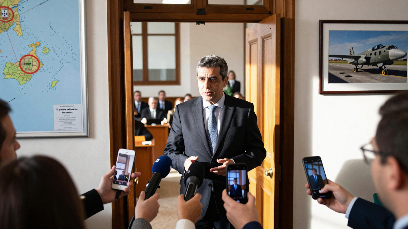 Homem vestido formalmente a falar para jornalistas com microfones e telemóveis numa sala de escritório.