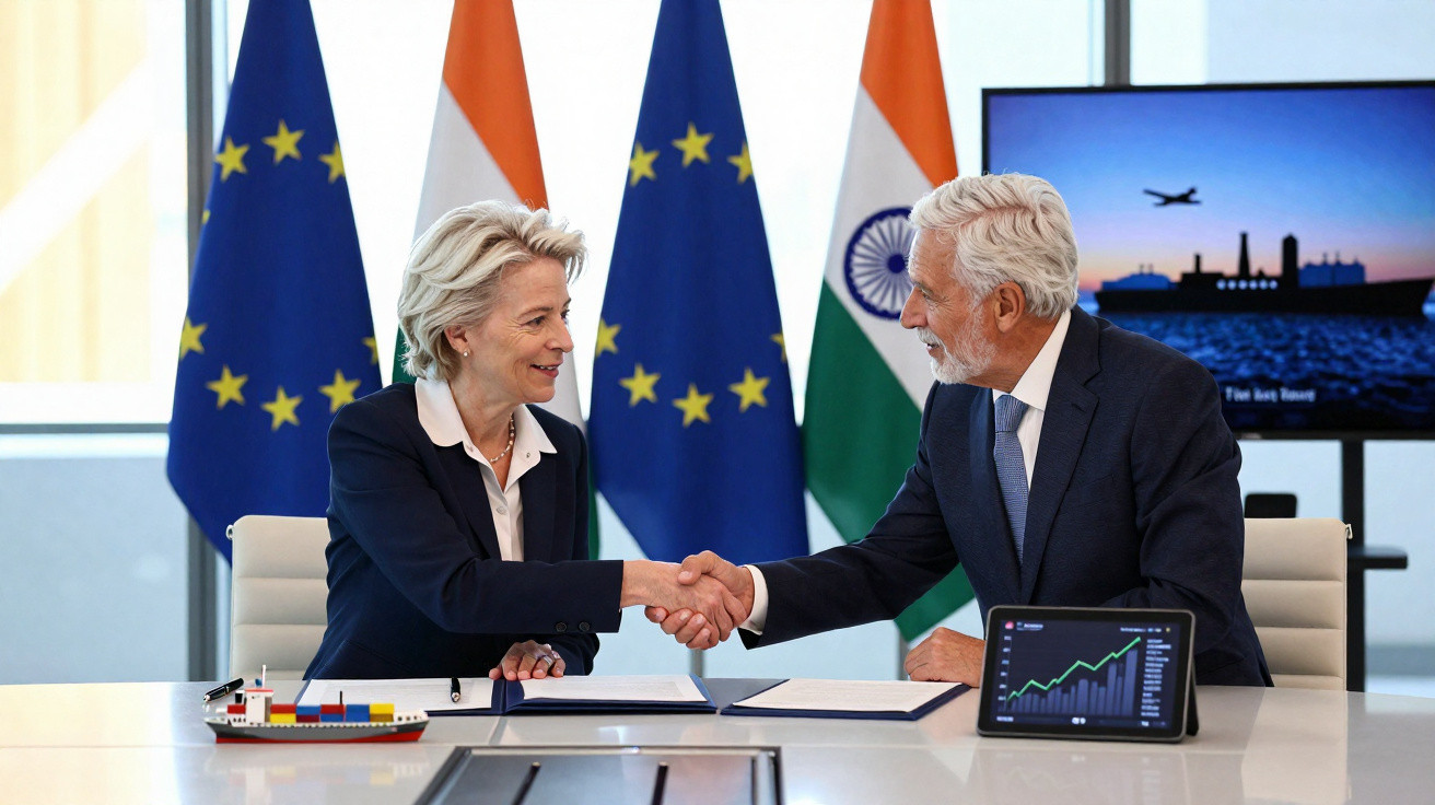 Duas pessoas dão aperto de mão frente a bandeiras da União Europeia e Índia, com gráficos e modelo de navio na mesa.