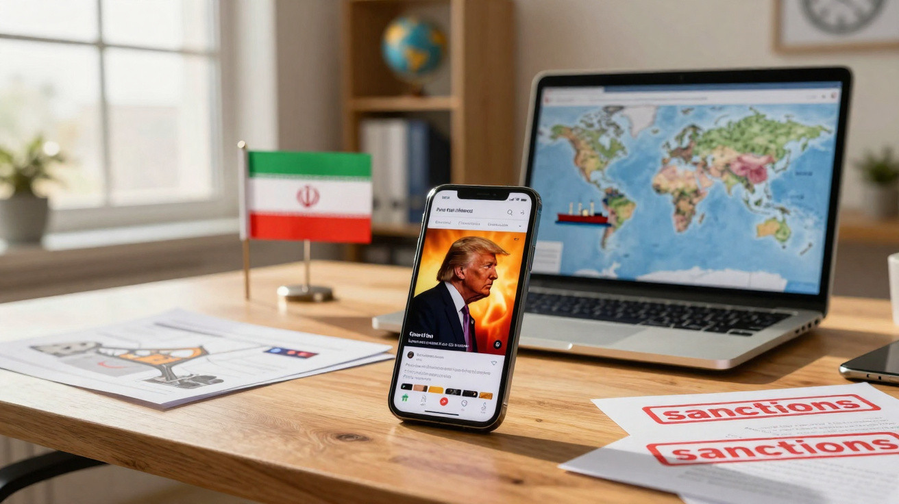 Mesa com telemóvel a mostrar imagem de Donald Trump, bandeira do Irão, mapa mundi no portátil e papéis sobre sanções.