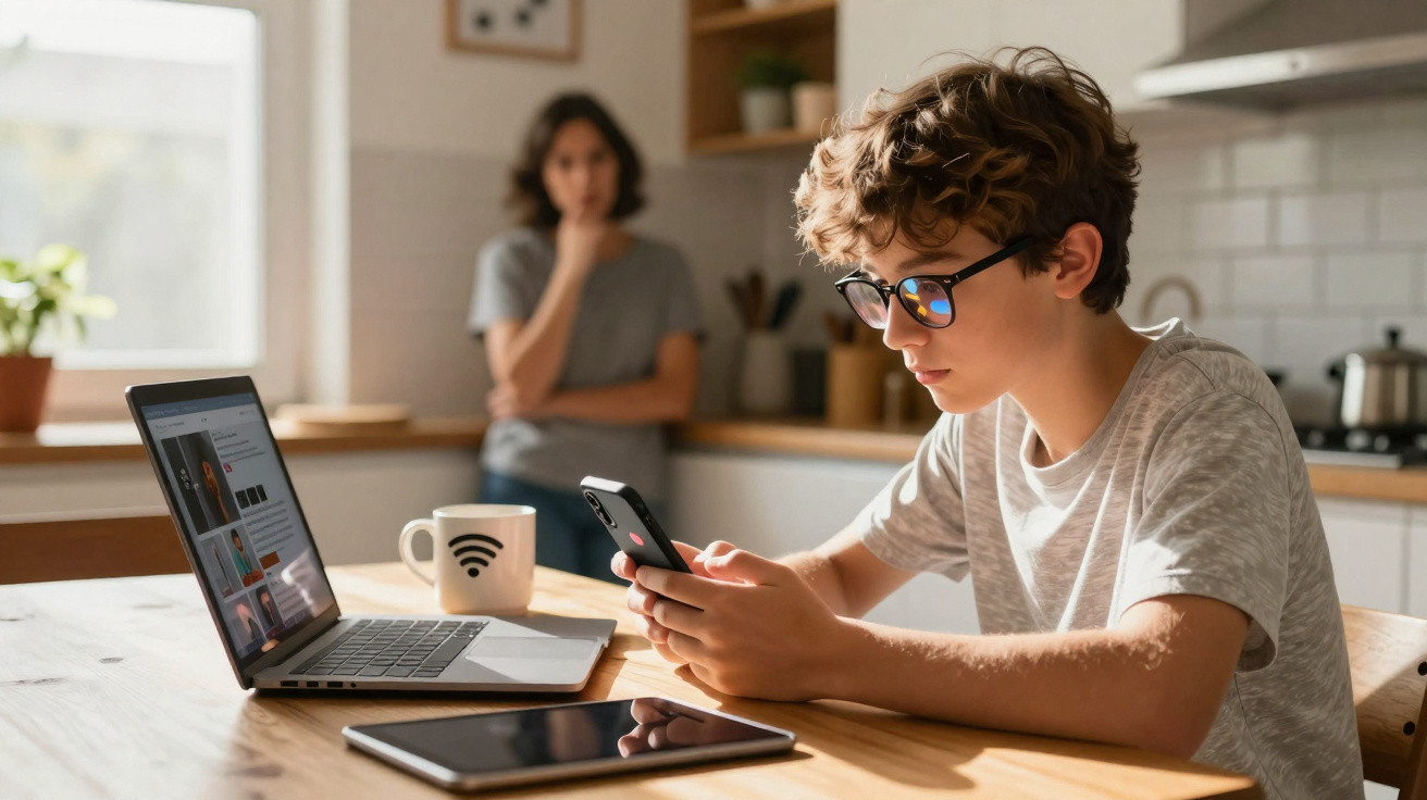 Rapaz sentado à mesa com telemóvel, computador portátil e tablet, mulher ao fundo na cozinha.