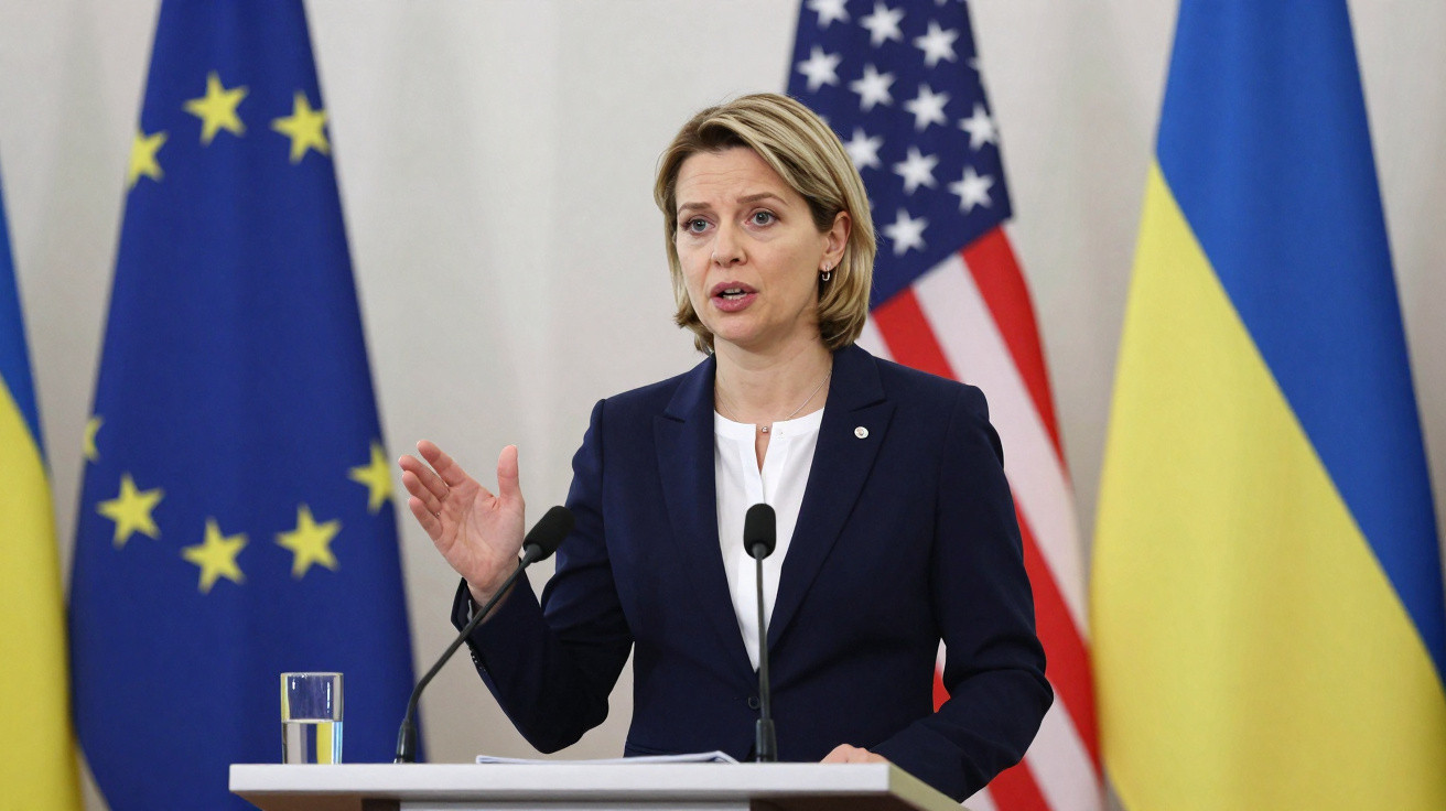 Mulher a discursar num pódio com bandeiras da UE, EUA e Ucrânia ao fundo.