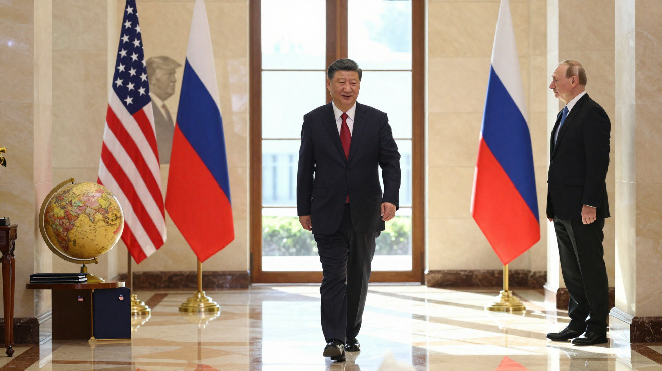 Xi Jinping a caminhar em direção à câmara, Vladimir Putin observa com bandeiras da Rússia e dos EUA ao fundo.