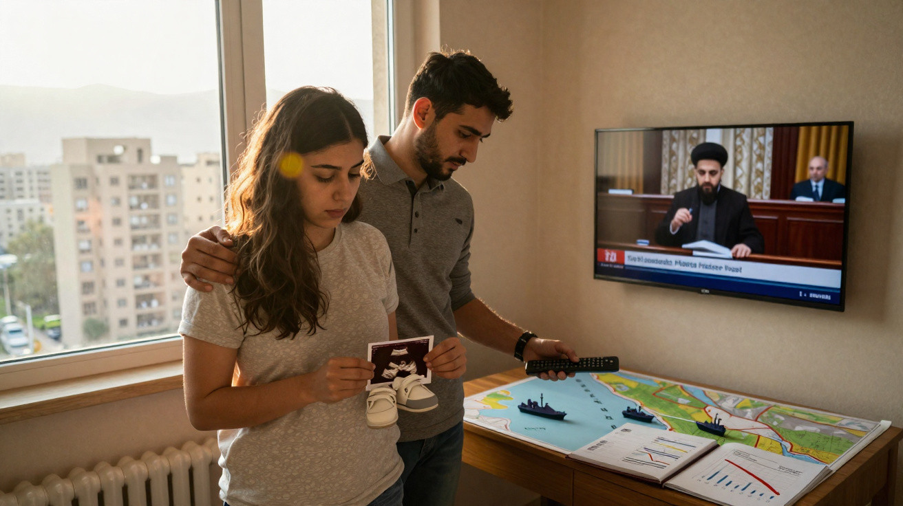 Casal preocupado segura ultrassom e sapatinhos de bebé junto a maquete e televisão ligada numa sala.