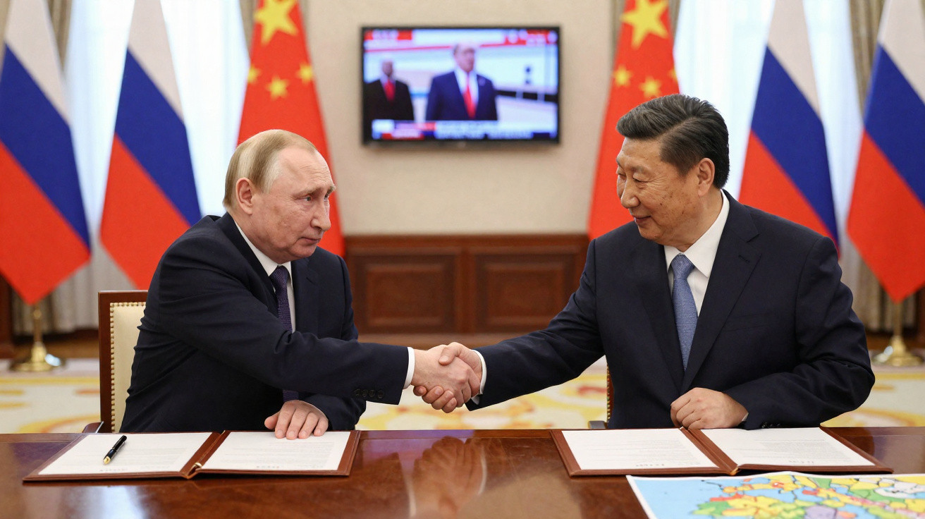 Líderes da Rússia e China apertam as mãos numa mesa com documentos, com bandeiras de ambos os países ao fundo.