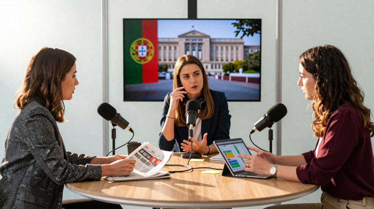 Três mulheres gravam podcast à mesa com microfones; ecrã mostra bandeira de Portugal e edifício oficial.