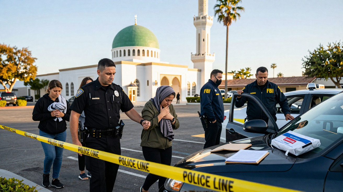 Polícia e agentes do FBI escoltam mulheres perto de mesquita após área ser isolada com fita policial.