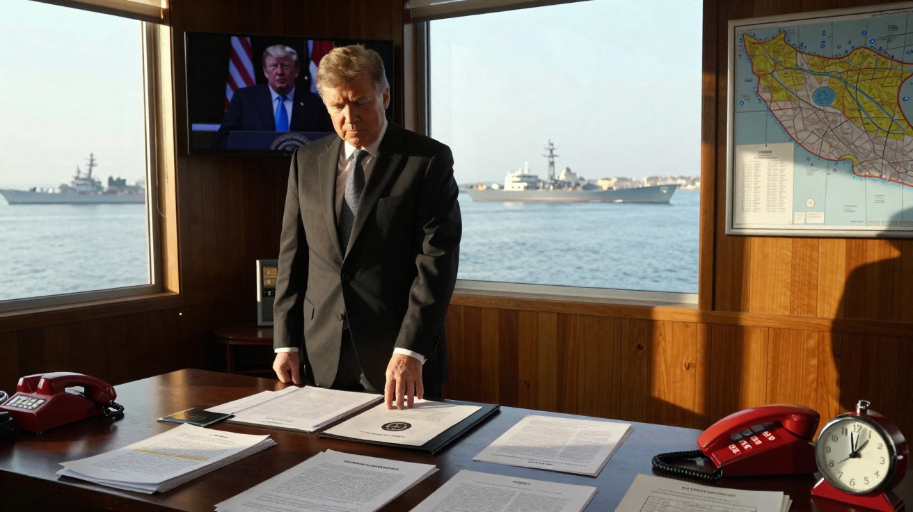 Homem de fato revisa documentos numa sala com vista para o mar, navios militares e televisão com discurso em fundo.