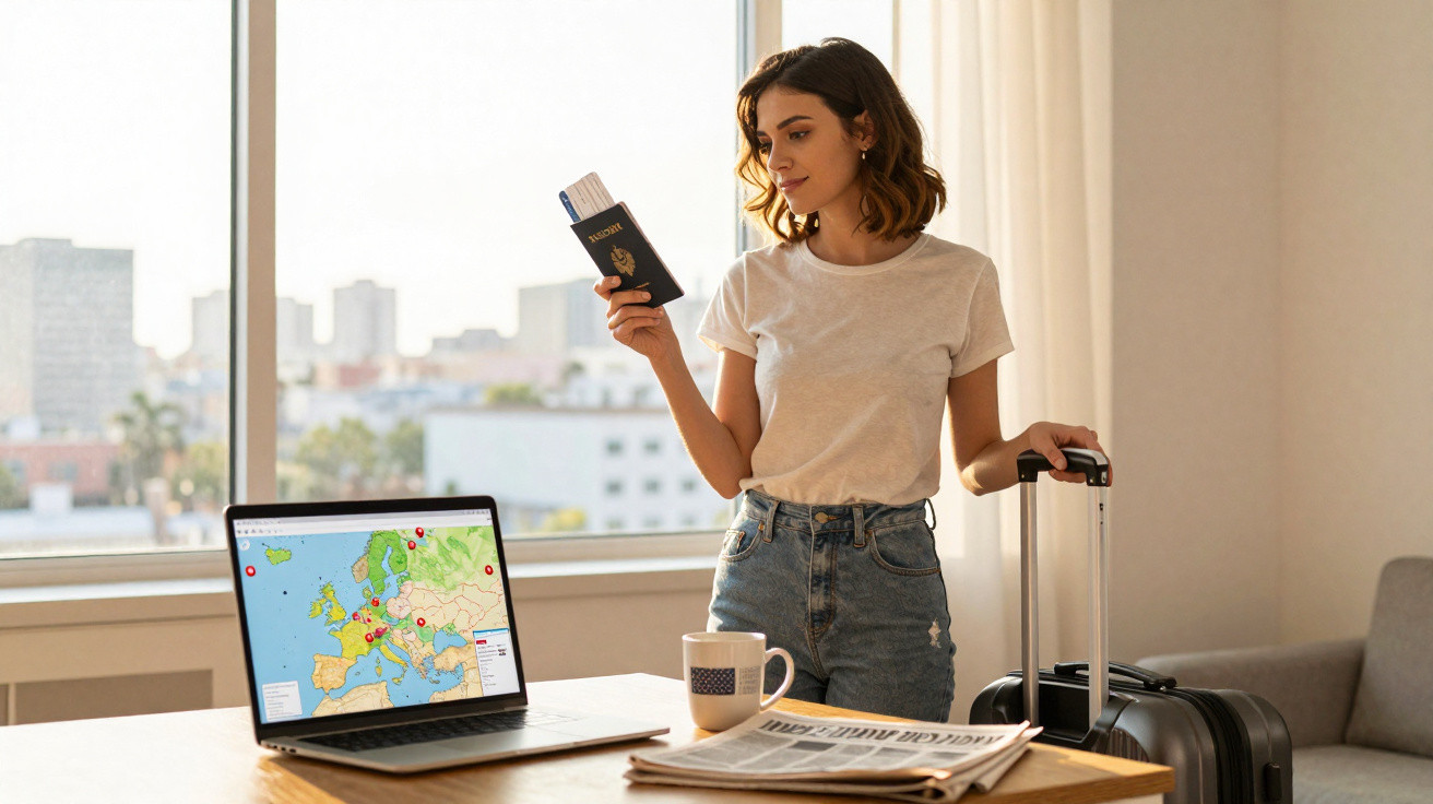 Mulher a preparar viagem, segurando passaporte, com mala, computador com mapa da Europa e jornal numa mesa.