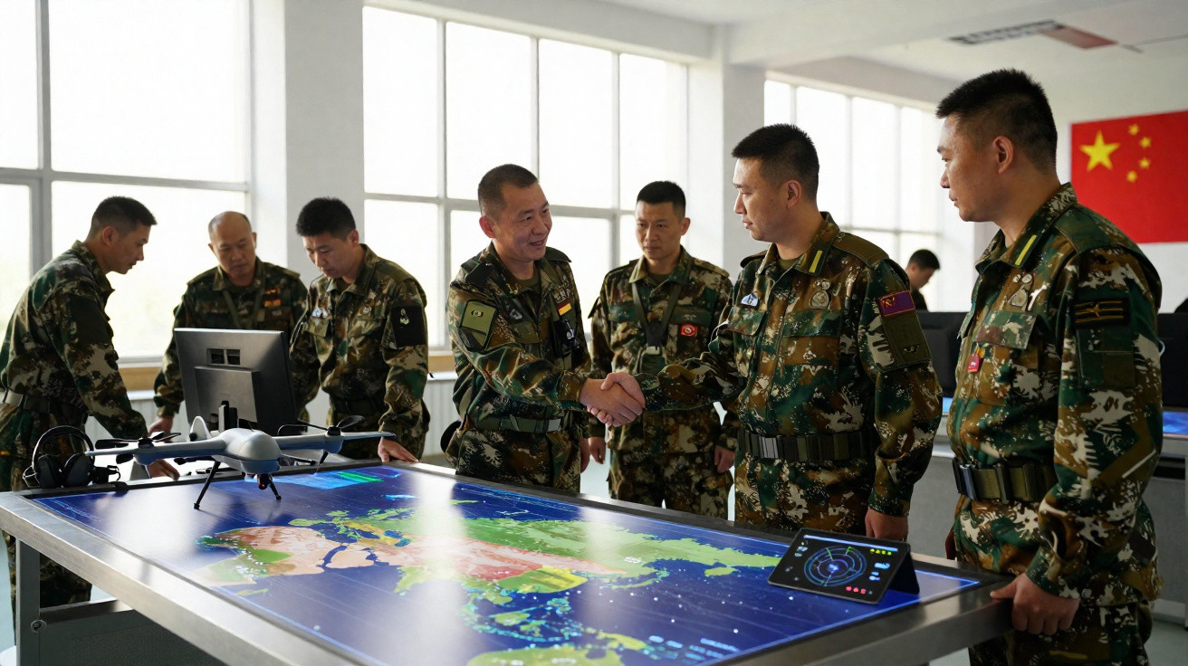 Soldados chineses em uniforme apertam as mãos junto a uma mesa interativa com mapa digital e drone.