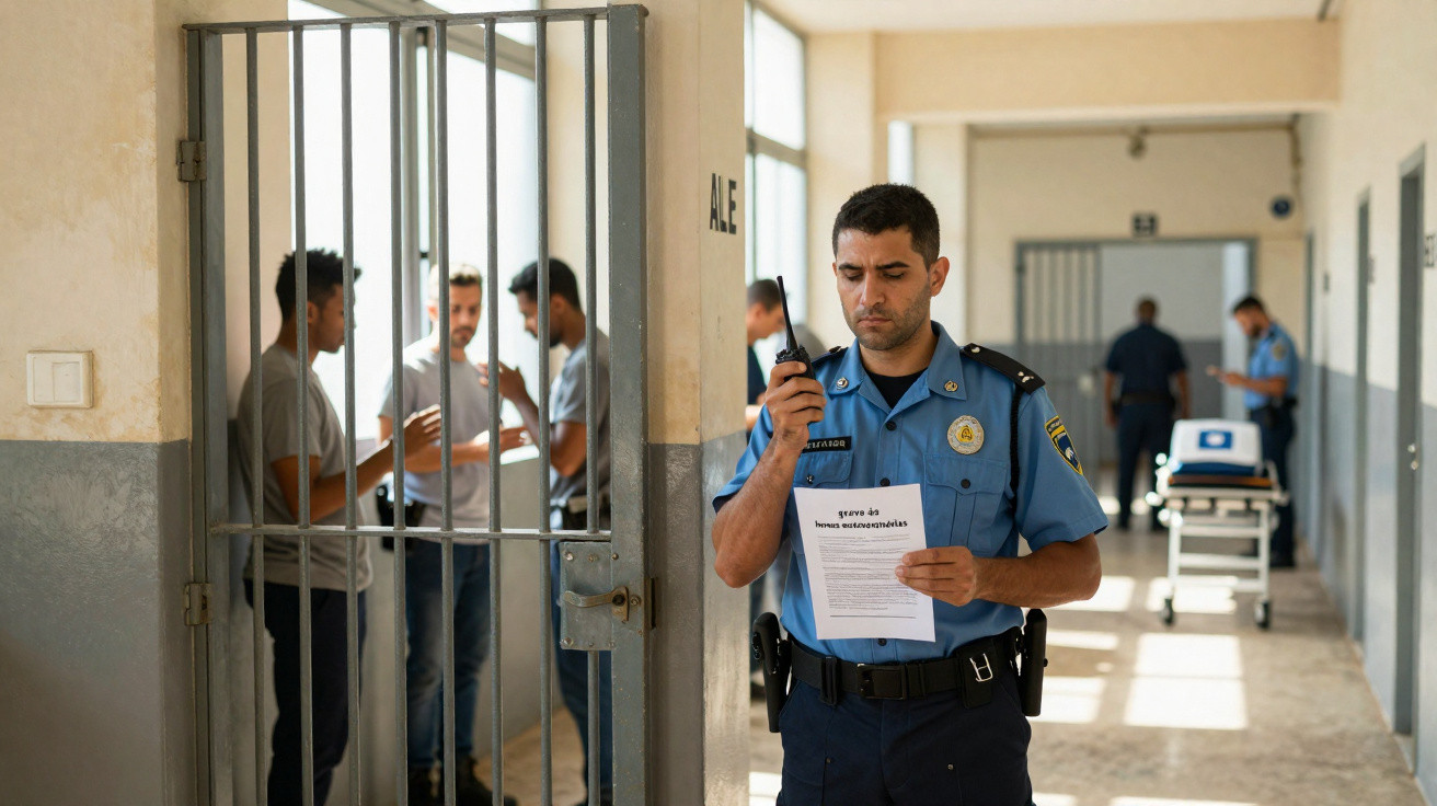 Polícia com uniforme azul comunica por rádio junto a cela com presos e guarda em corredor iluminado.