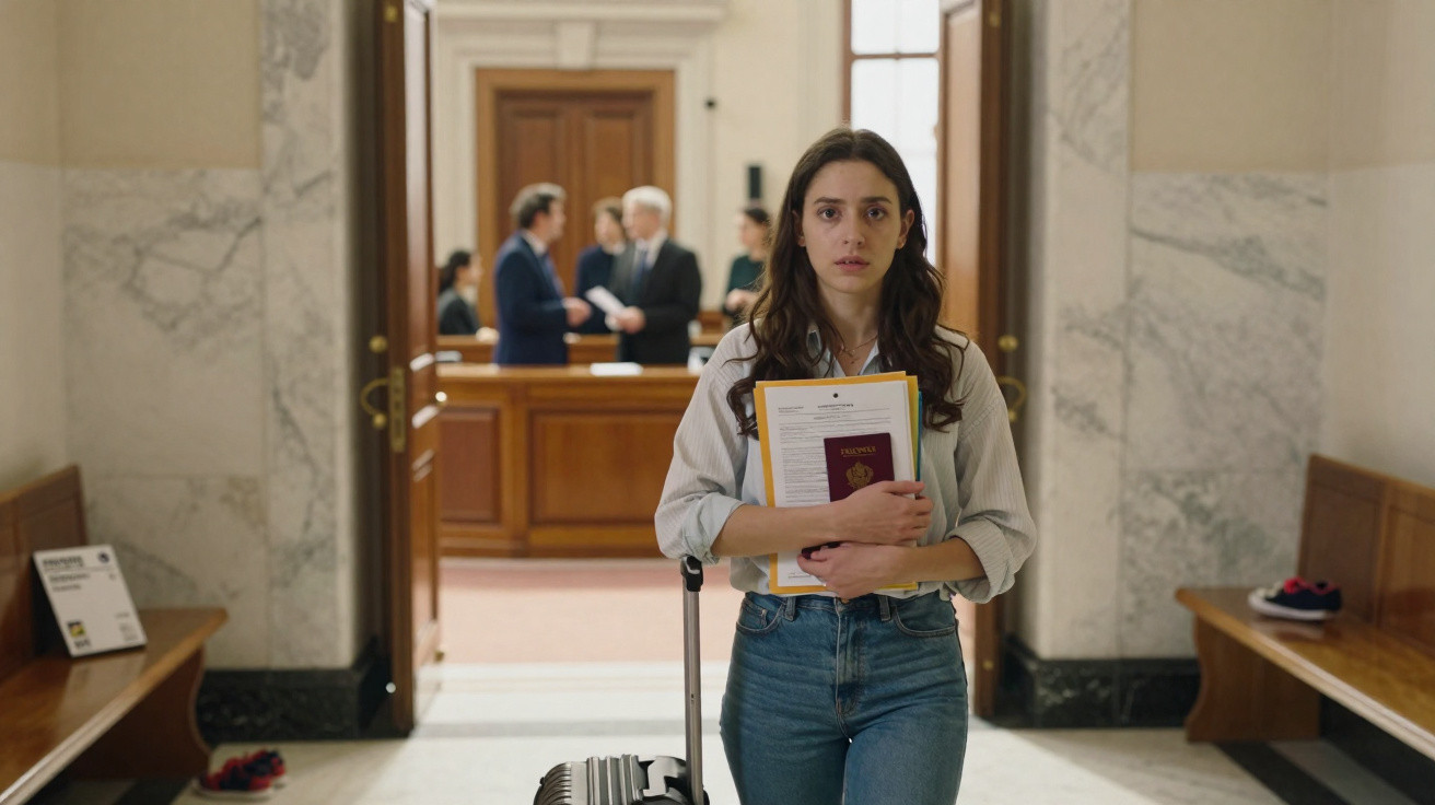 Mulher jovem com documentos e mala, no corredor de um tribunal, com pessoas ao fundo conversando.