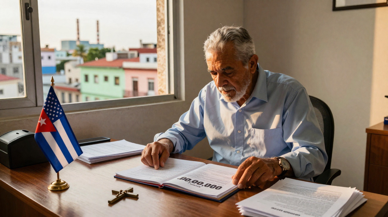 Homem idoso sentado à secretária a ler livro, com bandeira de Cuba e América e crucifixo sobre a mesa.