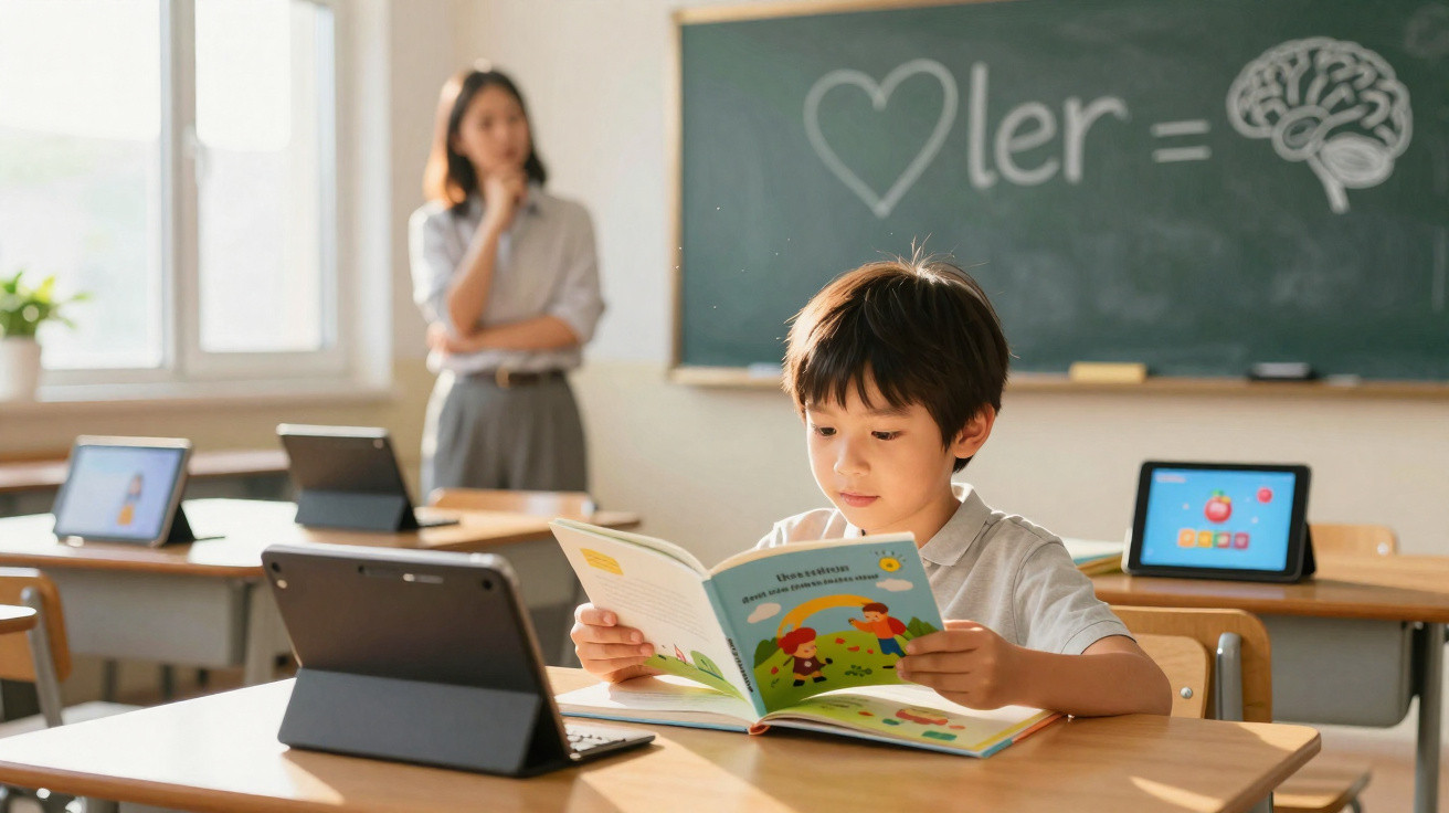 Criança a ler livro numa sala de aula com professora ao fundo e tablets nas mesas.