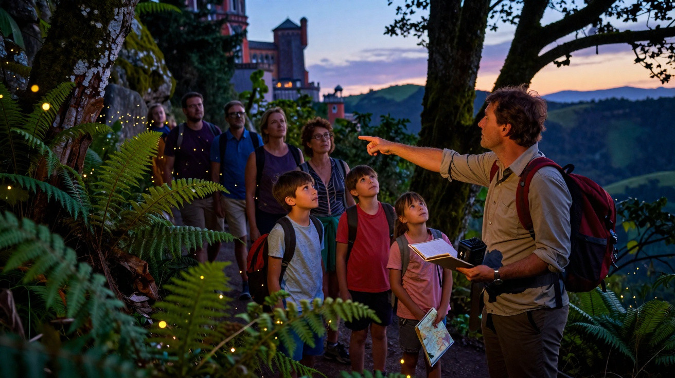 Grupo de crianças e adultos numa visita guiada ao pôr do sol perto de castelo e floresta iluminada por vaga-lumes.