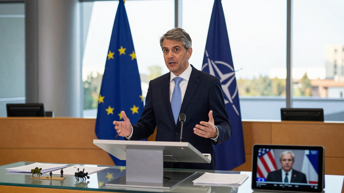Homem de fato azul fala em pódio com bandeiras da União Europeia e NATO atrás e tela com vídeo chama lula Estados Unidos.