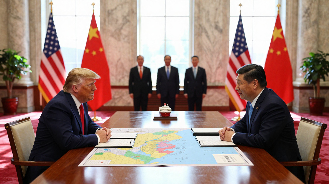 Dois líderes nacionais sentados frente a frente numa mesa com mapa e bandeiras dos EUA e China ao fundo.