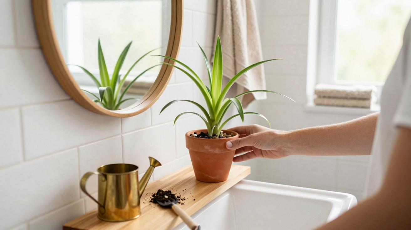 Pessoa a colocar uma planta em vaso de barro numa prateleira ao lado de um lavatório e espelho redondo.