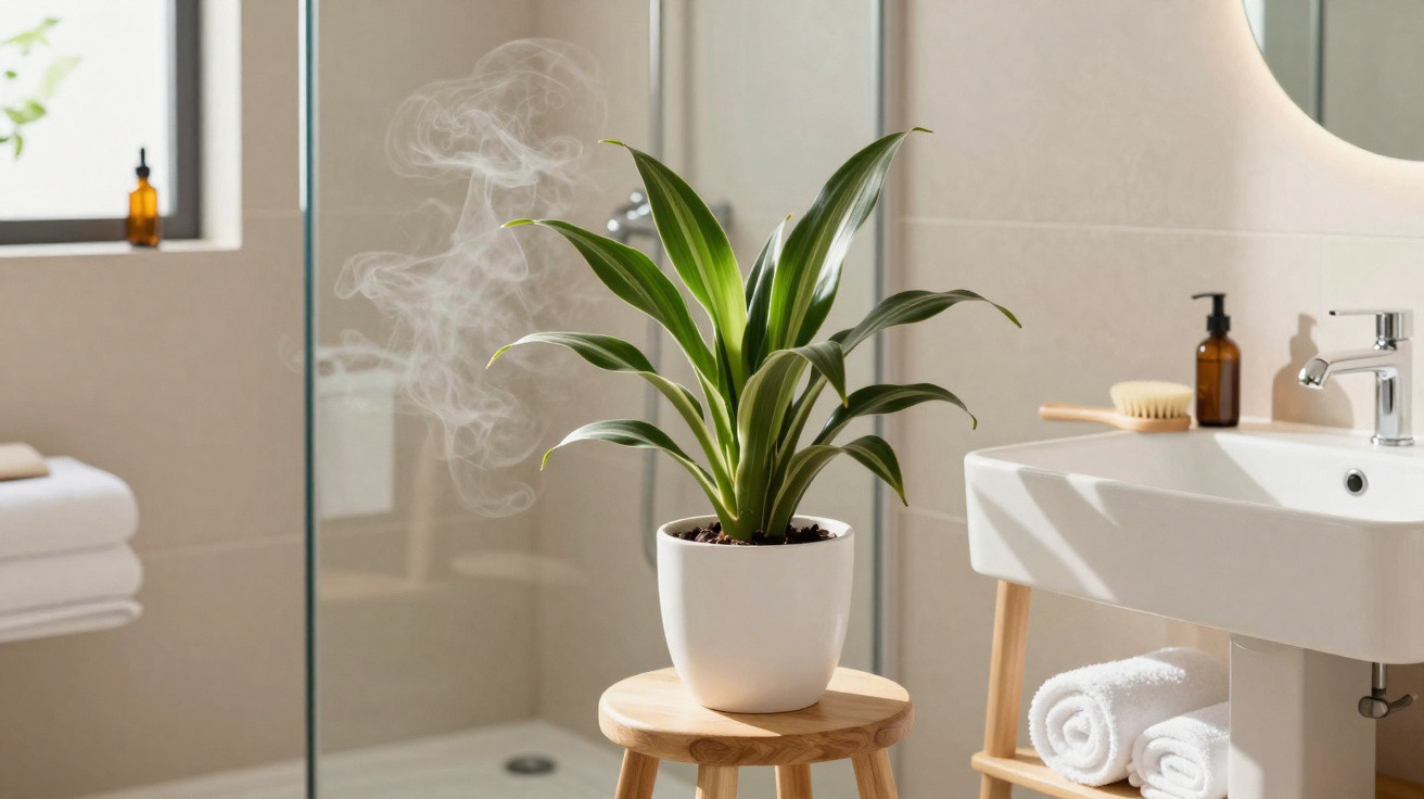 Planta verde num vaso branco sobre um banco de madeira num banheiro moderno com toalhas e saboneteira.