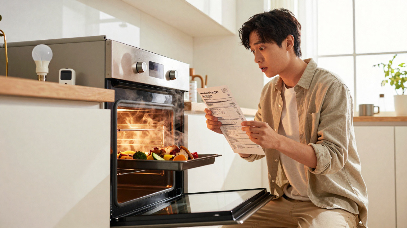 Homem a ler instruções enquanto retira legumes fumegantes de um forno aberto numa cozinha moderna.