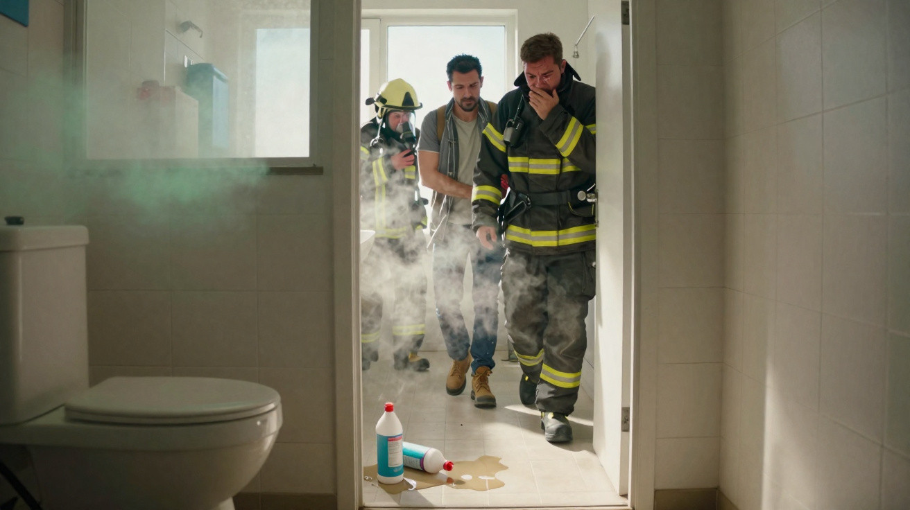 Dois bombeiros e um homem civíl saem de uma casa de banho com fumo visível e produtos de limpeza no chão.