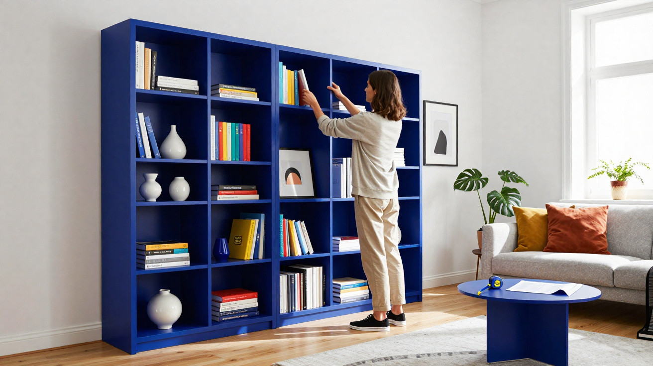 Mulher a arrumar livros numa estante azul no salão com sofá cinzento e mesa de centro azul.