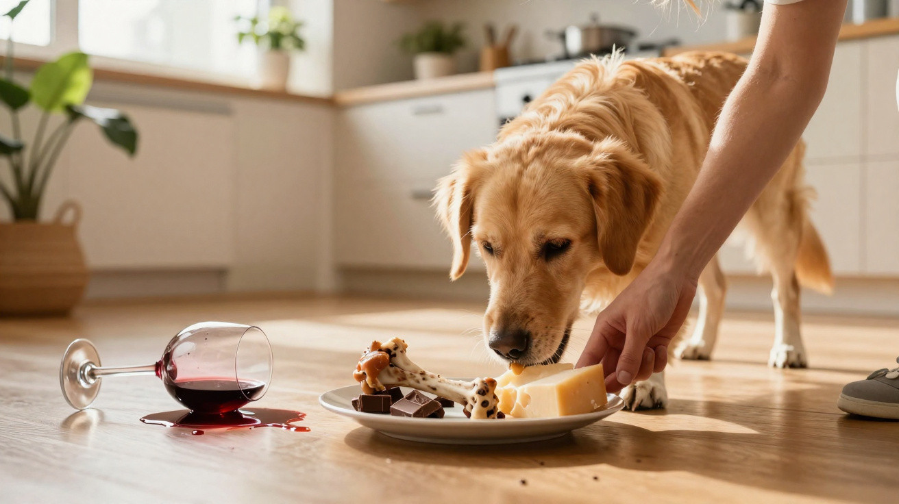 Cão a cheirar queijo num prato enquanto um copo de vinho tinto está tombado no chão da cozinha.