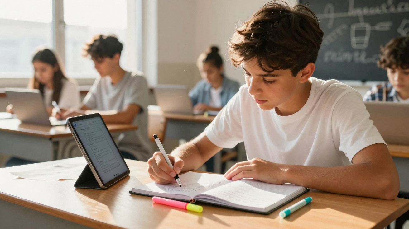 Aluno concentrado a escrever num caderno, com um tablet e marcadores coloridos numa sala de aula.