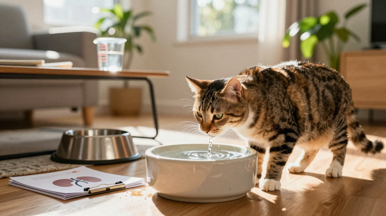 Gato a beber água numa tigela branca no chão de madeira, com luz natural e mobília ao fundo.
