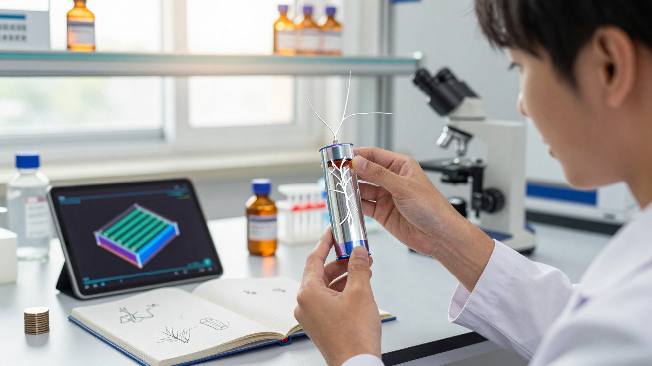 Cientista segura protótipo tecnológico no laboratório com equipamentos de pesquisa ao fundo.