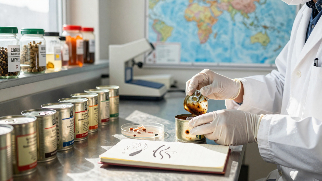 Cientista com bata e luvas a abrir uma lata para análise num laboratório com amostras e mapa ao fundo.