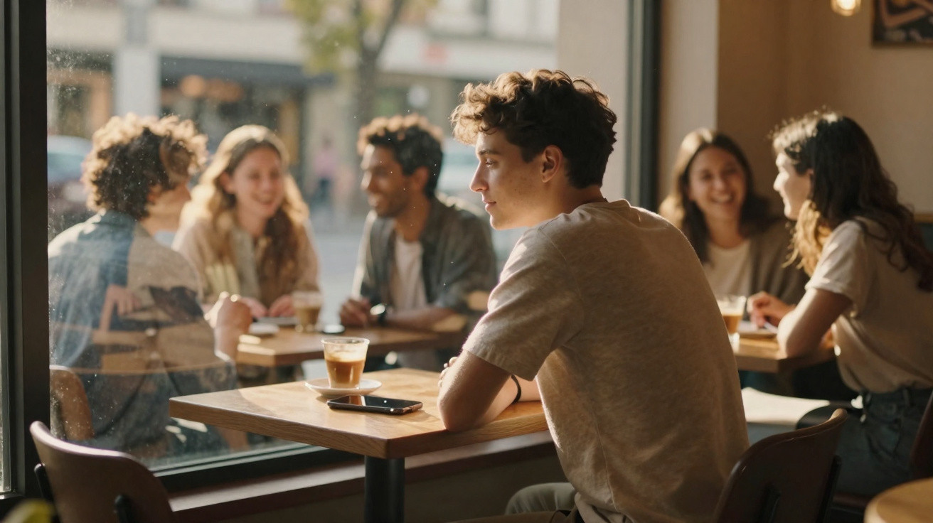 Jovem sentado sozinho numa mesa junto à janela de um café, enquanto grupo de amigos sorri e conversa.